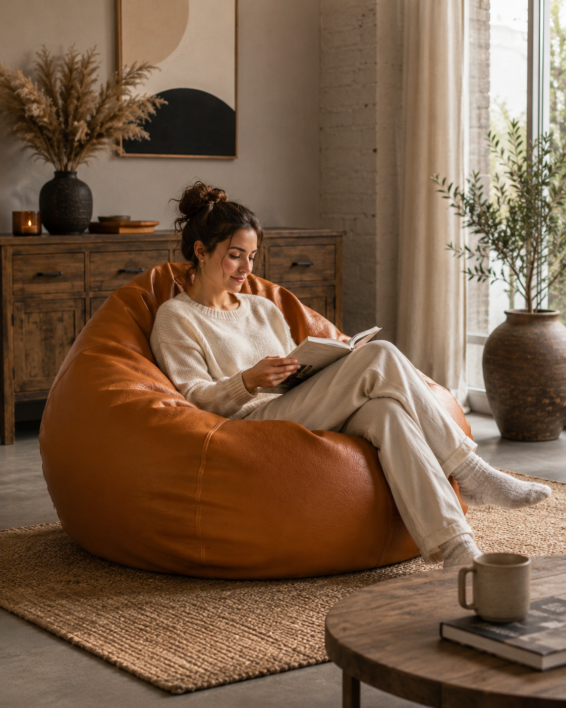 Pouf de salon effet cuir cognac