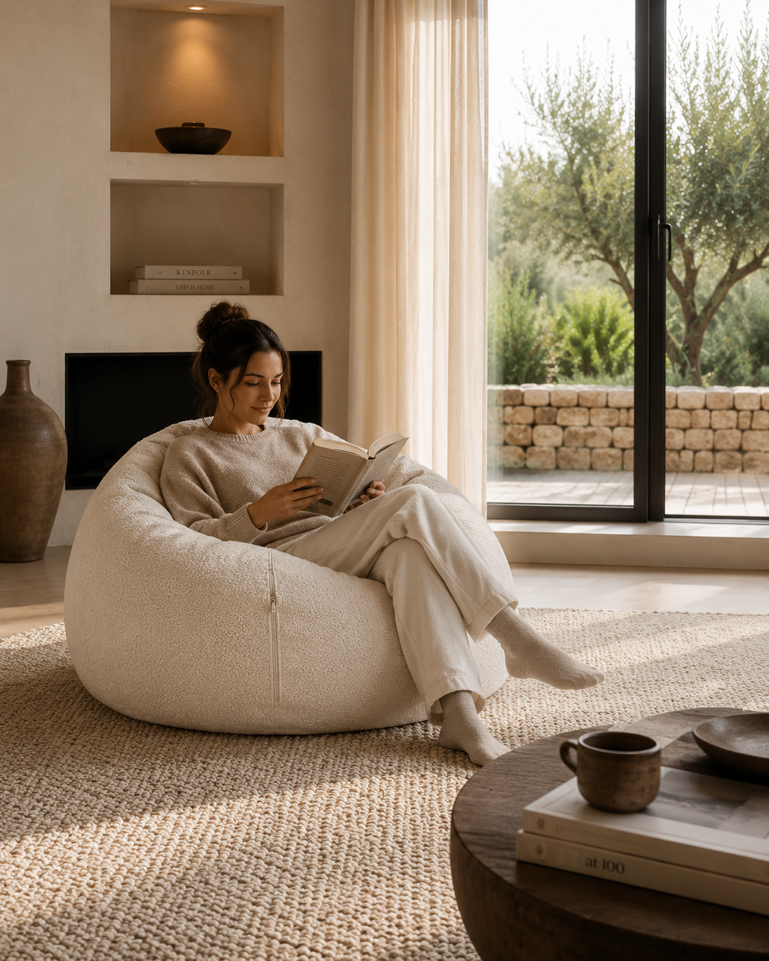 Pouf velours écru