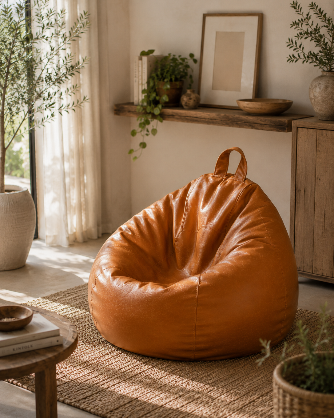 Pouf de salon effet cuir cognac
